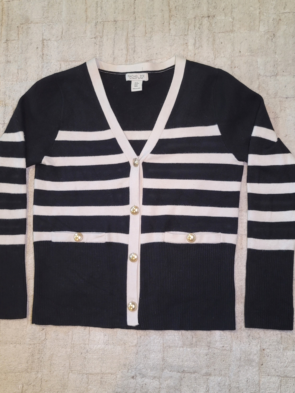 RACHEL ZOE Black and White Stripe Knit Cardigan Sweater Golden Buttons Women's M